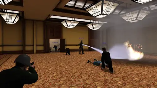 EDGE law enforcement and firefighter avatars join forces to combat a burning fire and active shooter in the virtual hotel ballroom.