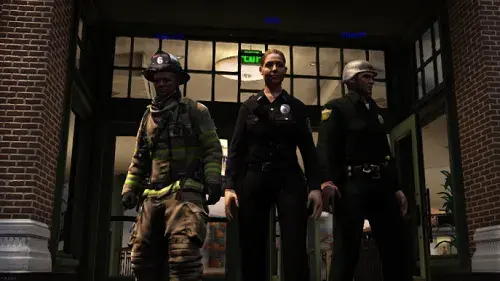 EDGE firefighter, EMS, and law enforcement avatars pose in front of virtual hotel.