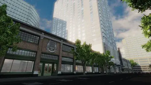 Screen shot of the EDGE virtual training environment depicting the street view of the hotel.