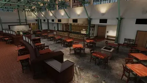 Screen shot of the EDGE virtual training environment depicting the hotel lobby restaurant.