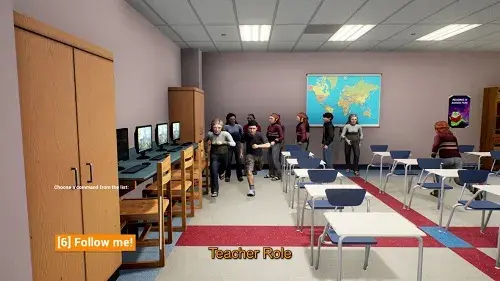In the EDGE virtual training environment, teachers can prompt students to take actions such as running, lining up against a wall, or exiting via a window.