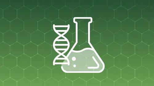 icon of DNA and beaker on honeycomb background