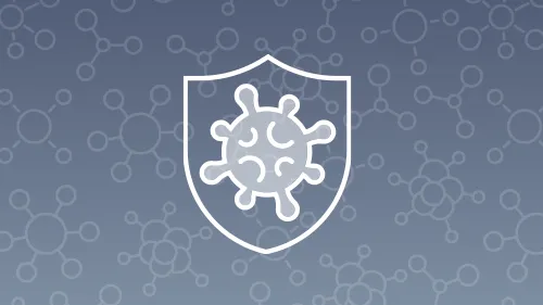 icon of virus within shield outline on background of molecules