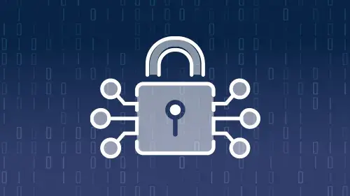 icon of padlock with circuit board nodes on computer code background