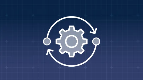 icon of gear with curving arrows showing a cycle on a grid background