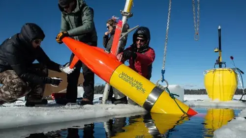 Maritime engineers working on a buoy