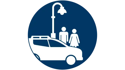 Sex trafficking icon that features two people on a street corner with a car.