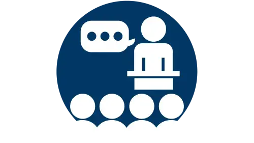 General awareness icon that features a person speaking in front of a crowd.