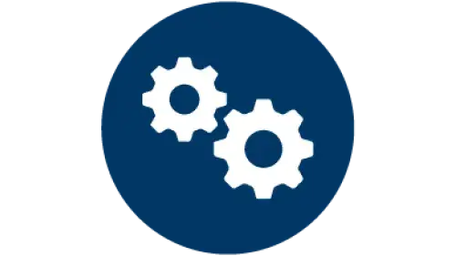 one small gear and one larger gear adjacent with blue background