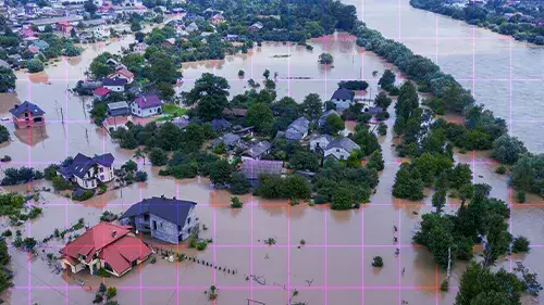 Aerial view of city during a flood.