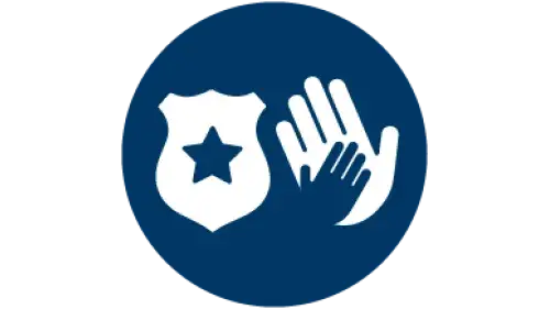 Badge with blue star next to one large white and an one small blue hand overlapping.