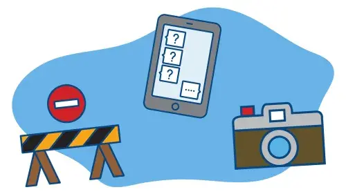 Graphic with a cell phone, camera, and road blocade with not entry sign icons on a light blue background.