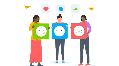 Graphic representing usability testing showing three people holding icons with a happy face, neutral face, and sad face.