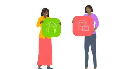 An illustration of two people, one holding an icon for usability testing and the other holding an icon for user acceptance testing, standing next to each other smiling.