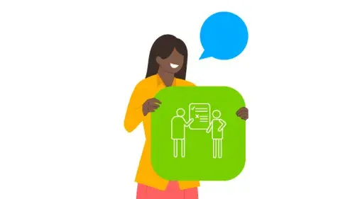 Woman holding green icon representing usability testing