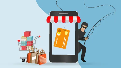 graphic of a shopping cart and shopping bags next to a burglar fishing for information on a cell phone with an image of a credit card