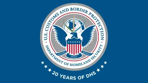 CBP logo with "20 Years of DHS" below the CBP logo in white