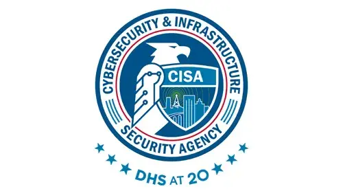CISA logo with "DHS at 20" below the CISA logo in blue