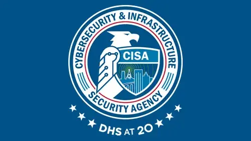 CISA logo with "DHS at 20" below the CISA logo in white