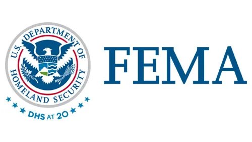 Horizontal FEMA wordmark/lockup in blue with "DHS at 20" below the DHS seal