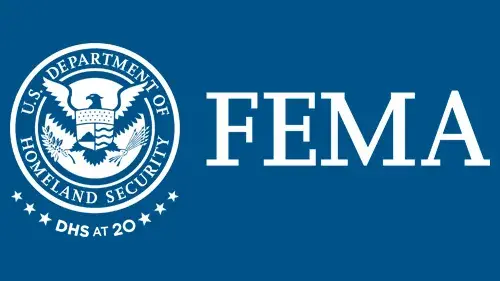 Horizontal FEMA wordmark/lockup in monochrome white with "DHS at 20" below the DHS seal