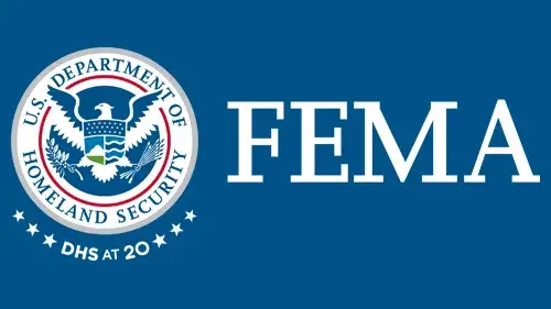 Horizontal FEMA wordmark/lockup in white with "DHS at 20" below the DHS seal