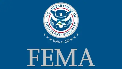 Vertical FEMA wordmark/lockup in gray with "DHS at 20" below the DHS seal