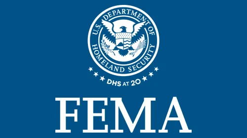 Vertical FEMA wordmark/lockup in monochrome white with "DHS at 20" below the DHS seal