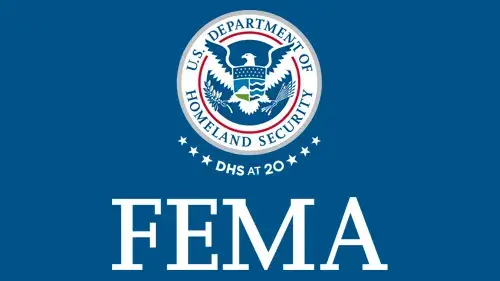 Vertical FEMA wordmark/lockup in white with "DHS at 20" below the DHS seal