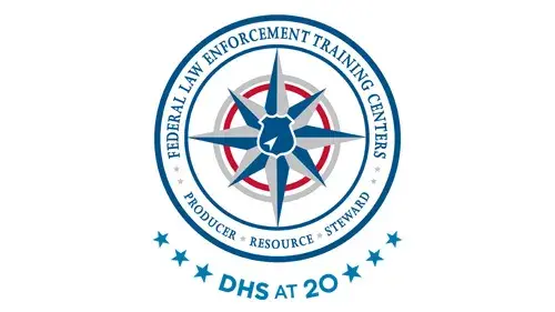 FLETC logo with "DHS at 20" below the FLETC logo in blue