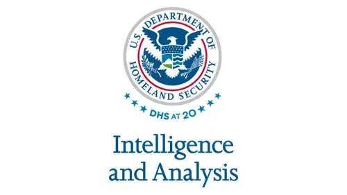 Vertical I&A wordmark/lockup in blue with "DHS at 20" below the DHS seal