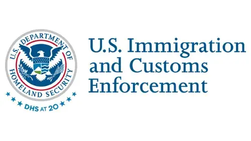 Horizontal ICE wordmark/lockup in blue with "DHS at 20" below the DHS seal