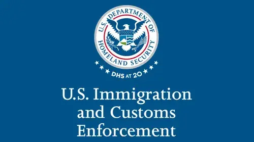 Vertical ICE wordmark/lockup in white with "DHS at 20" below the DHS seal