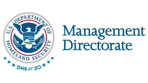 Horizontal MGMT wordmark/lockup in blue with "DHS at 20" below the DHS seal