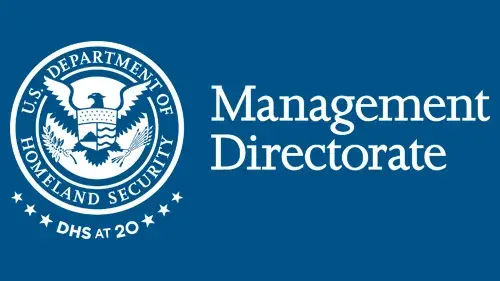 Horizontal MGMT wordmark/lockup in monochrome white with "DHS at 20" below the DHS seal