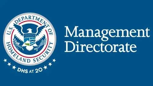 Horizontal MGMT wordmark/lockup in white with "DHS at 20" below the DHS seal