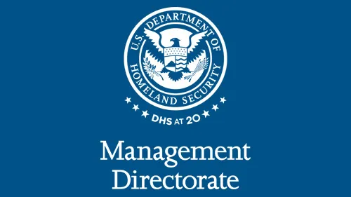 Vertical MGMT wordmark/lockup in monochrome white with "DHS at 20" below the DHS seal