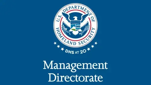 Vertical MGMT wordmark/lockup in white with "DHS at 20" below the DHS seal