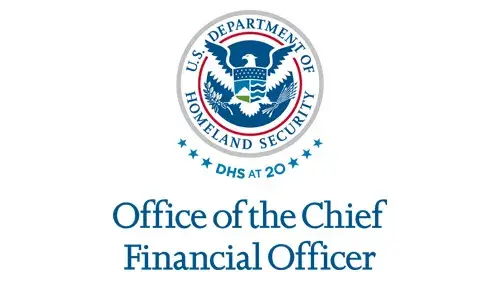 Vertical OCFO wordmark/lockup in blue with "DHS at 20" below the DHS seal