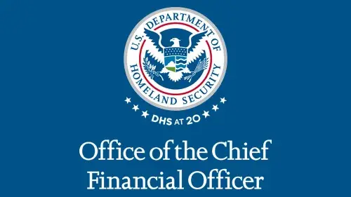 Vertical OCFO wordmark/lockup in white with "DHS at 20" below the DHS seal