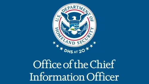 Vertical OCIO wordmark/lockup in white with "DHS at 20" below the DHS seal
