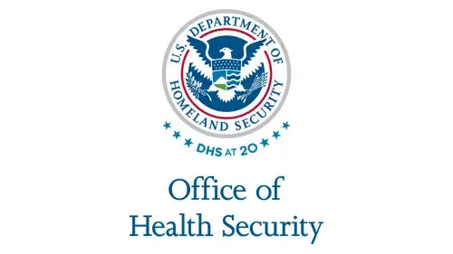 Vertical OHS wordmark/lockup in blue with "DHS at 20" below the DHS seal