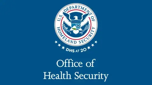 Vertical OHS wordmark/lockup in white with "DHS at 20" below the DHS seal