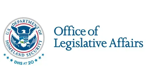 Horizontal OLA wordmark/lockup in blue with "DHS at 20" below the DHS seal