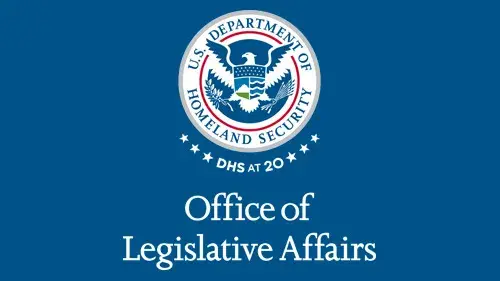 Vertical OLA wordmark/lockup in white with "DHS at 20" below the DHS seal
