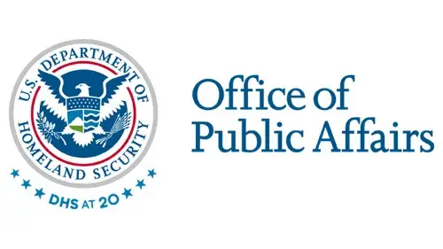 Horizontal OPA wordmark/lockup in blue with "DHS at 20" below the DHS seal