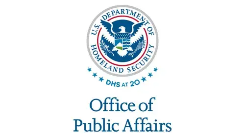 Vertical OPA wordmark/lockup in blue with "DHS at 20" below the DHS seal