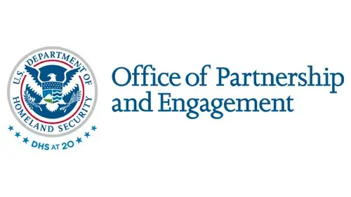 Horizontal OPE wordmark/lockup in blue with "DHS at 20" below the DHS seal