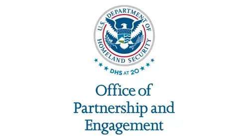 Vertical OPE wordmark/lockup in blue with "DHS at 20" below the DHS seal