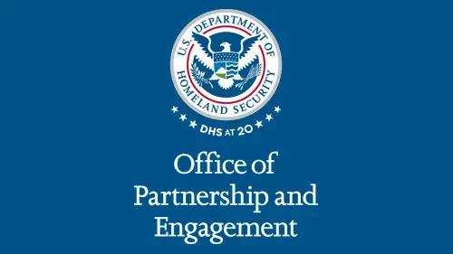 Vertical OPE wordmark/lockup in white with "DHS at 20" below the DHS seal